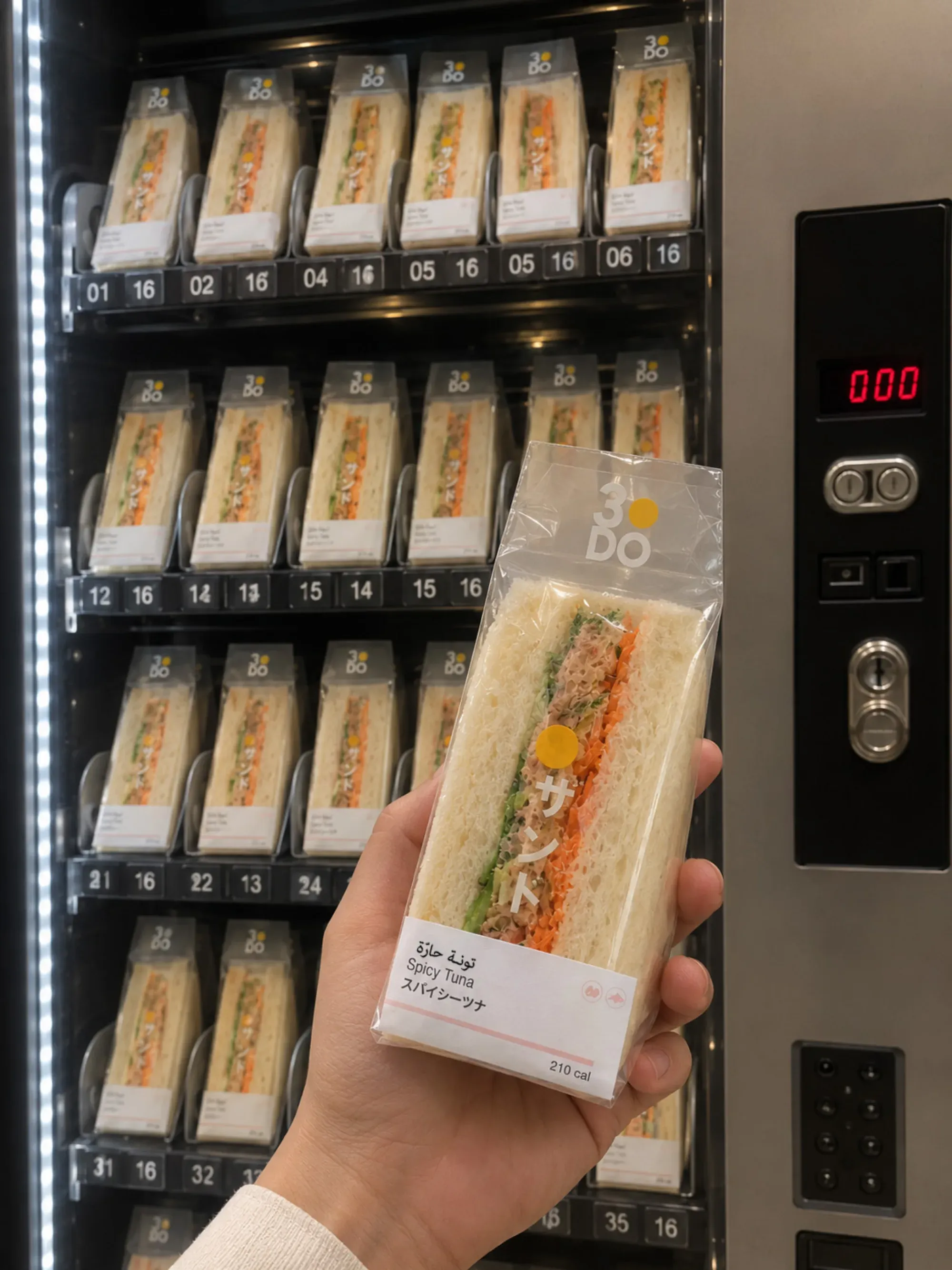 A 3DO vending machine dispensing sando packs, with a hand holding a Spicy Tuna sando.