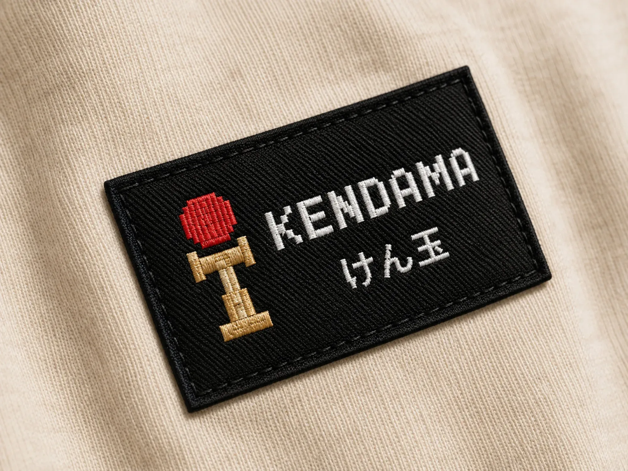 A close-up of a woven KENDAMA patch — the kendama icon and けん玉 in katakana — stitched onto cream fabric.