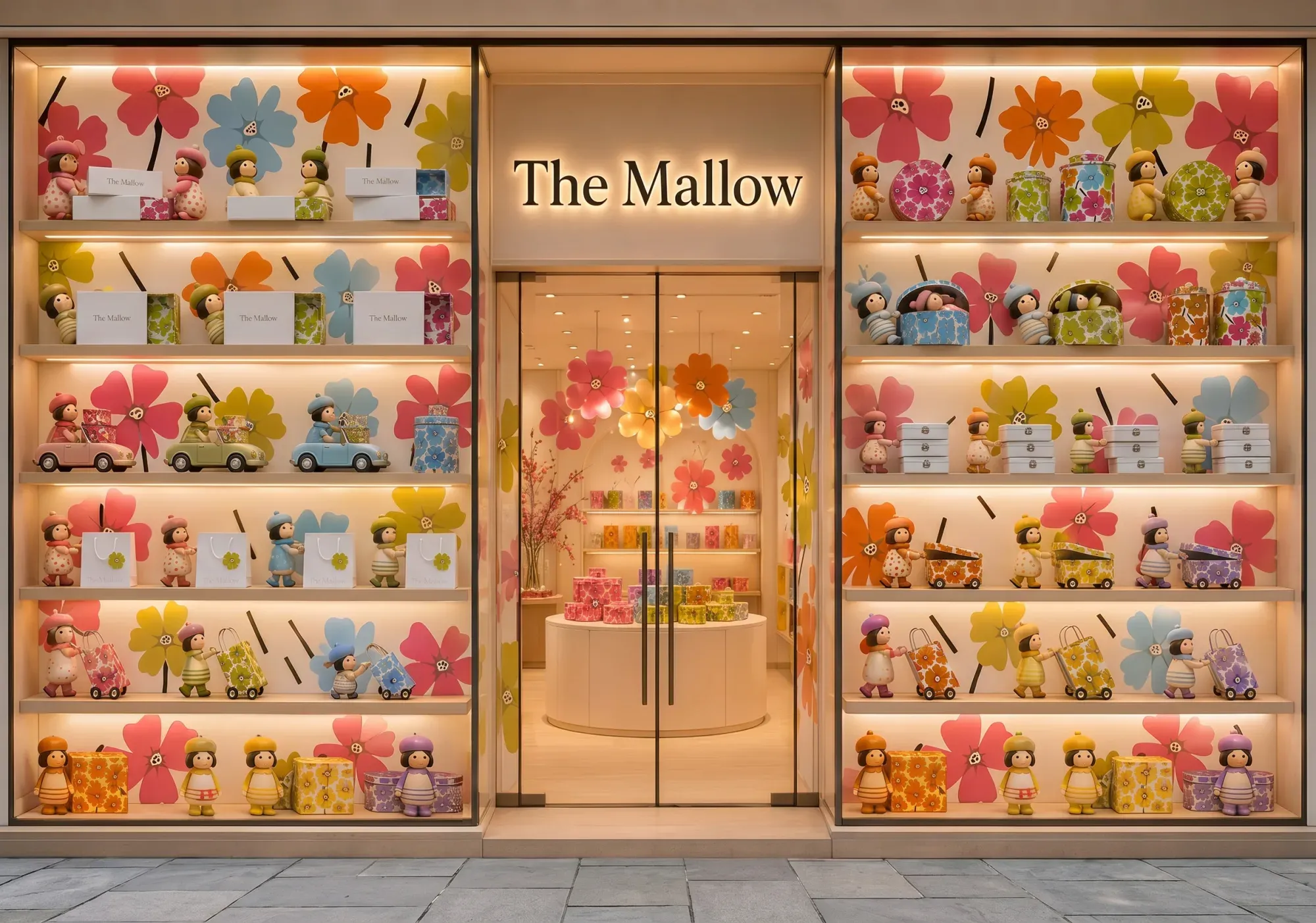 The Mallow storefront — a backlit sign flanked by floral-patterned shelves of gift tins.